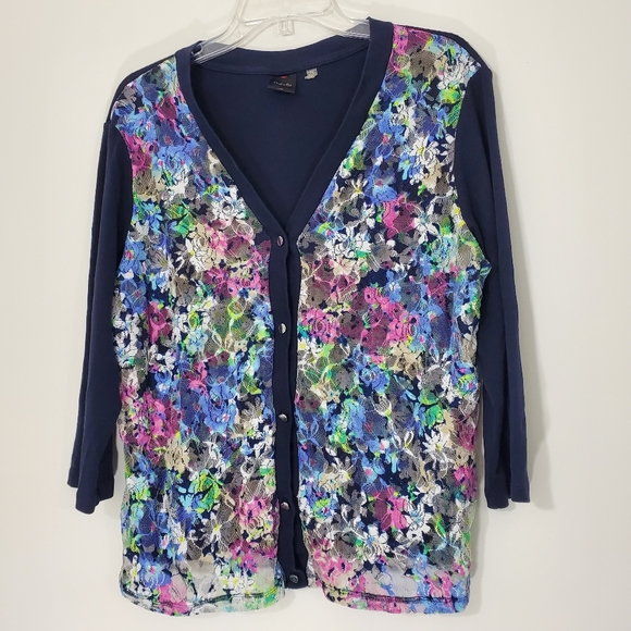 Rafaella Blue cardigan w/ floral lace overlay, XL - Picture 1 of 12